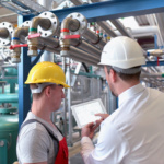 Teamwork in einer Industrieanlage - Arbeiter und Geschäftsmann vor Ort beim planen